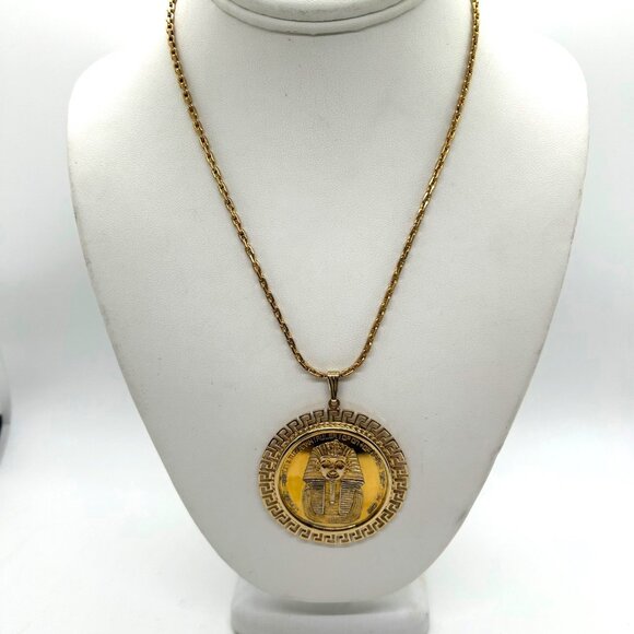 Tutankhamun Gold-tone Coin Pendant Necklace Egyptian Symbols & Greek Key Border - Picture 9 of 14
